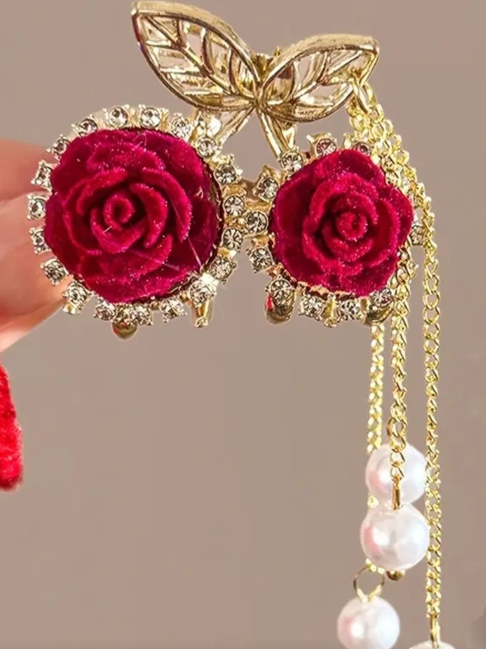 Velvet Rose Gold-Tone Hair Clip with Dangle Pearls - Burgundy - Picture 3 of 5